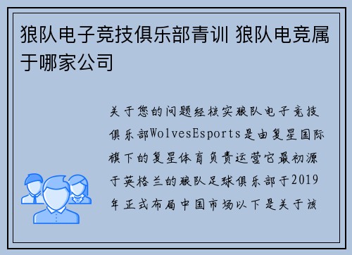 狼队电子竞技俱乐部青训 狼队电竞属于哪家公司